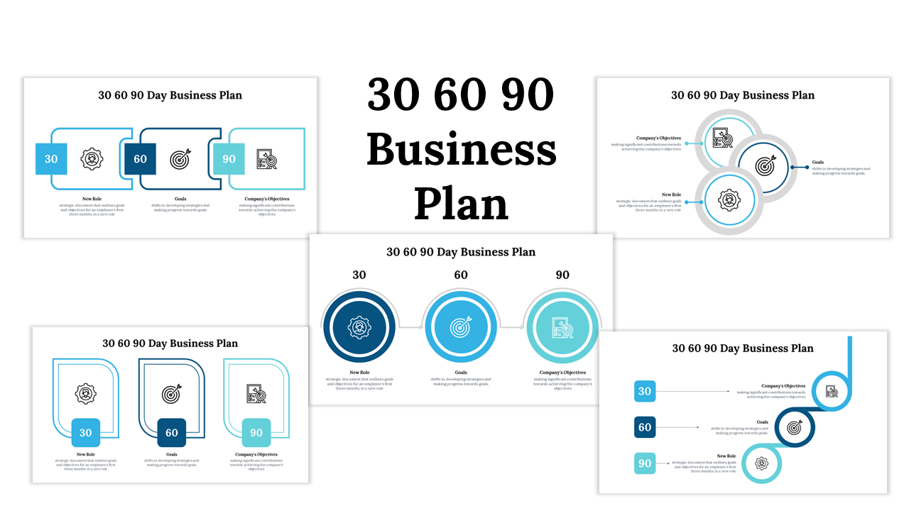 30, 60, 90 day business slides with a clean white and blue theme, featuring process flow diagrams and strategic planning.