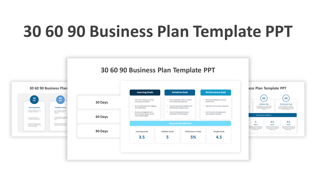 30, 60, 90 day plan slide deck with a clean white and blue theme, featuring structured sections, and step by step planning.
