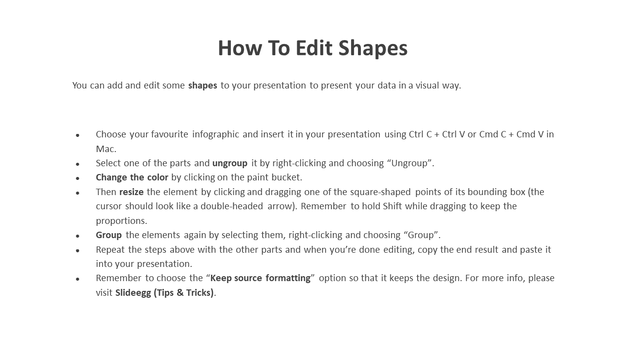 A tutorial slide showing steps to edit shapes in PowerPoint, including ungrouping, changing colors, and grouping elements.
