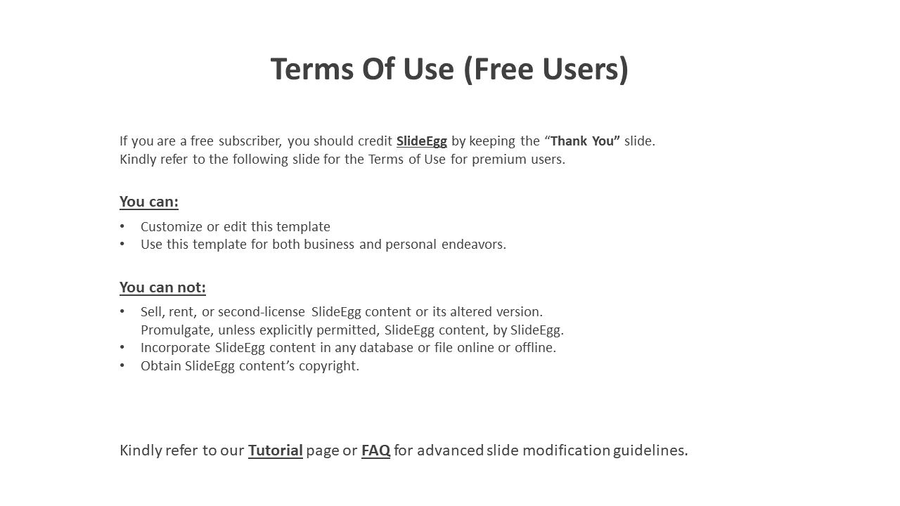 Terms of Use for free users of SlideEgg, with guidelines on customizing, and editing templates on a white backdrop.