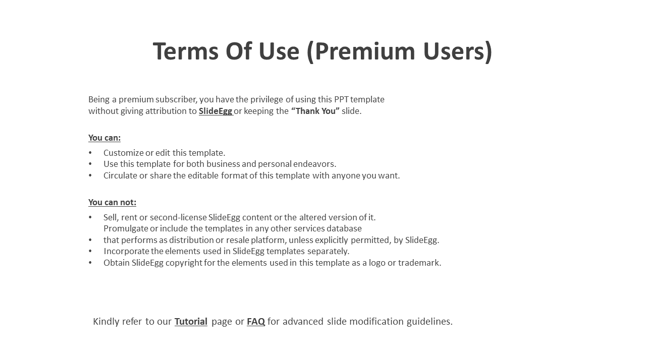 SlideEgg's premium user terms, cover the ability to edit and share templates on a white backdrop with bullet points.