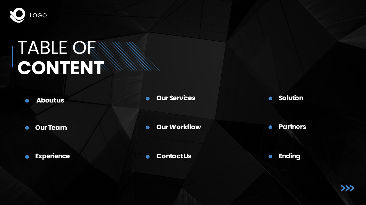 Table of content slide listing key sections like About Us, Our Team, Services, and more on a dark backdrop.
