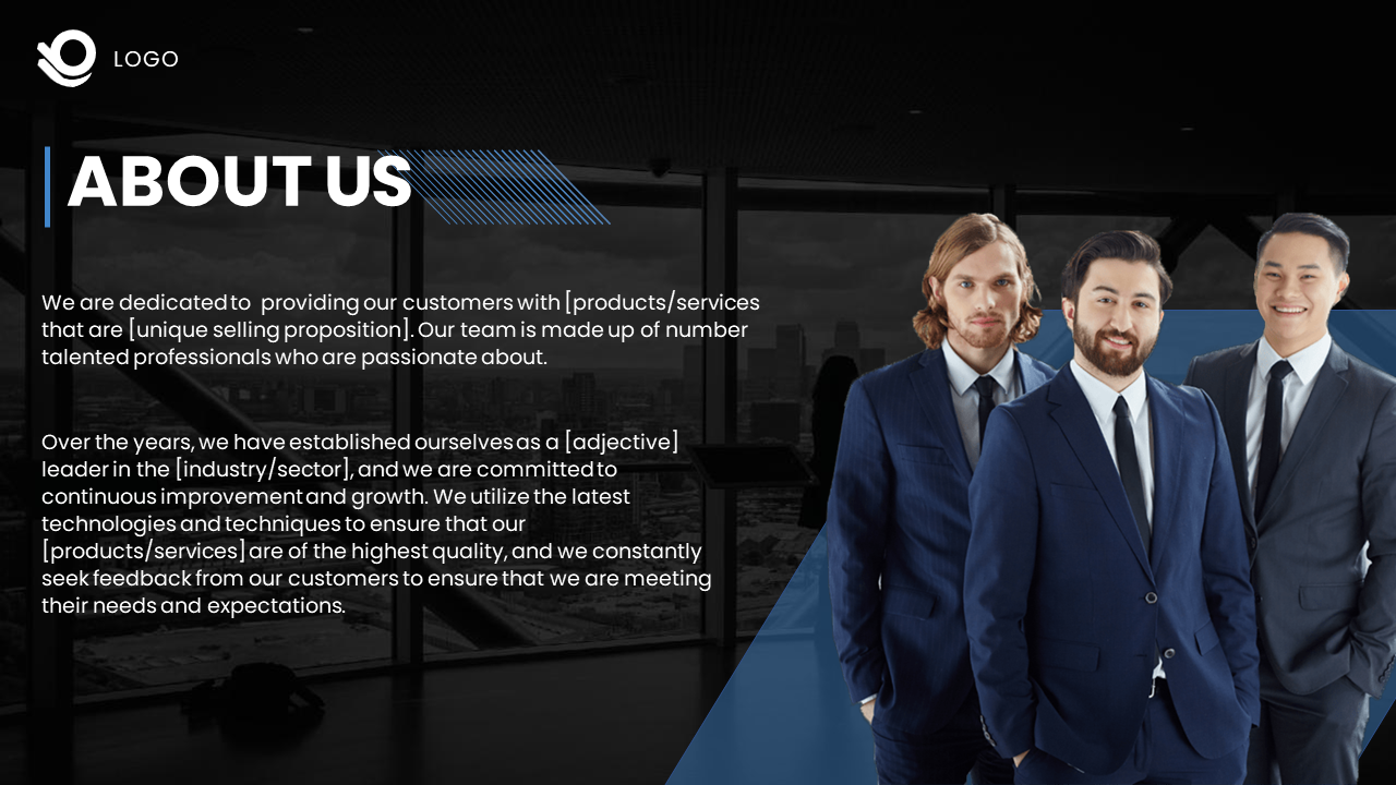 Business team photo for an About Us slide, showing three professionals in suits, with a cityscape background on a dark theme.
