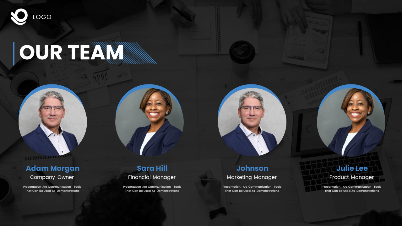 Business team members are presented in blue circular portraits with their respective roles on a dark backdrop.