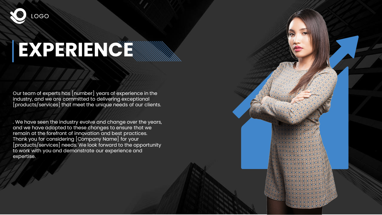 Experience slide featuring a confident businesswoman with arms crossed with a background of skyscrapers and an upward arrow.
