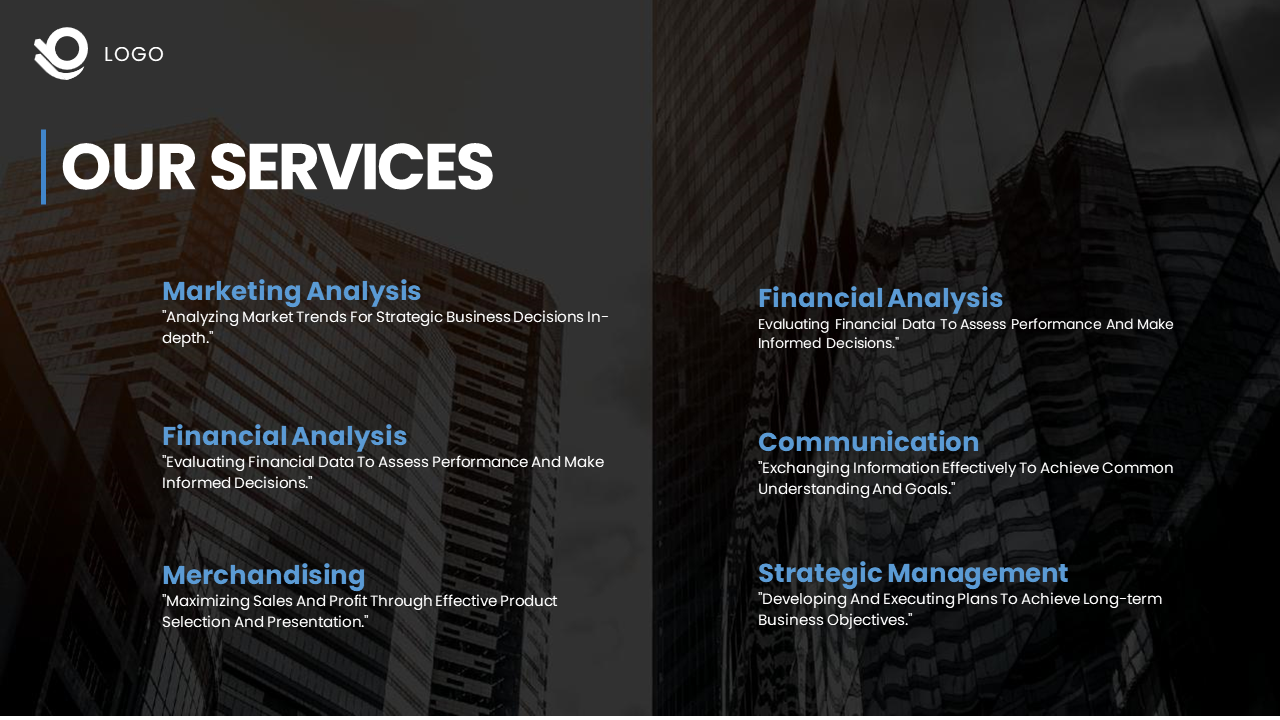 Services slide showing six business offerings from marketing analysis to strategic management on a dark backdrop.
