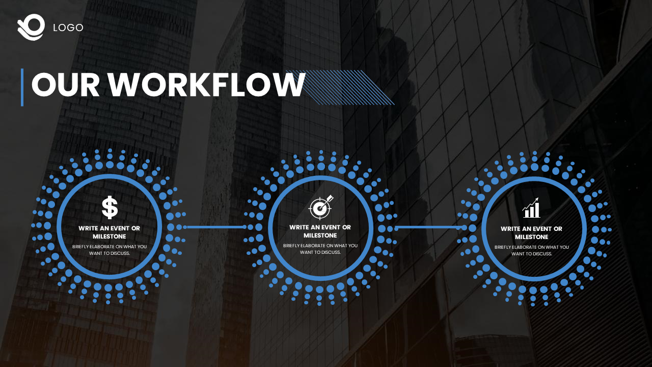 Our Workflow slide with blue circular icons and text on a dark backdrop with a logo and a cityscape image.