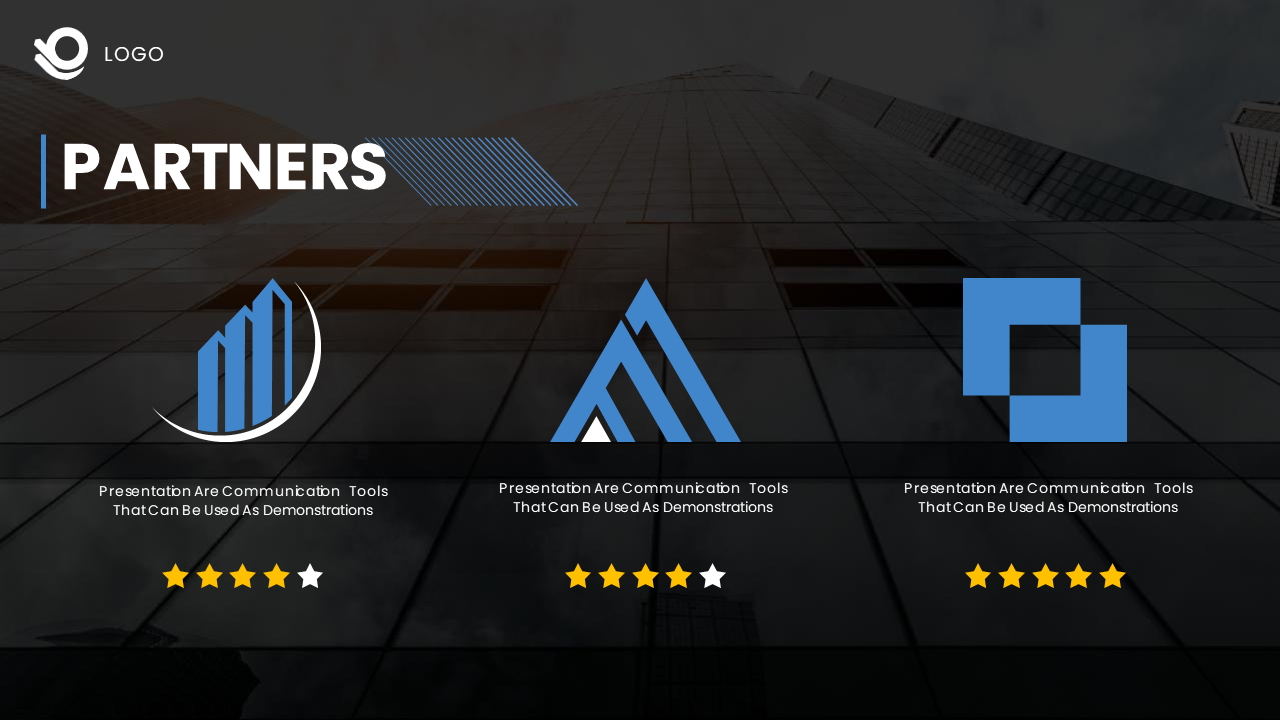 Partnership slide showcasing three logos with text about presentations as communication tools and corresponding star ratings.