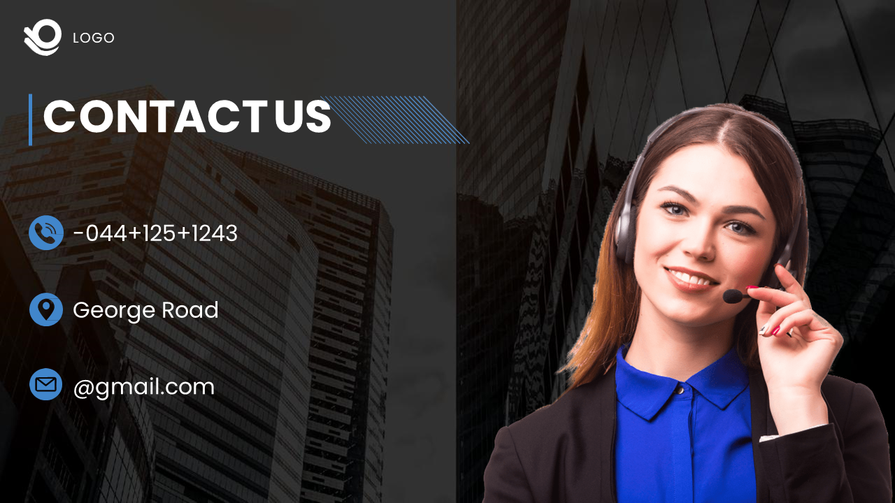 Contact us slide featuring a woman with a headset, contact details including phone number, address and email in a dark theme.