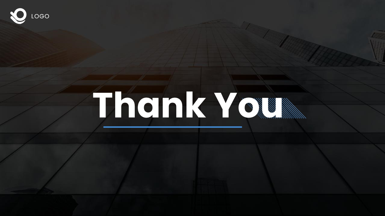 Thank you message displayed on a business themed slide featuring a glass building backdrop on a dark theme.