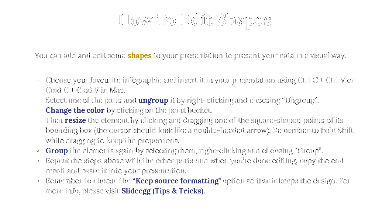 Guide on how to edit and format shapes in PowerPoint, including ungrouping, changing color, and adjusting size.