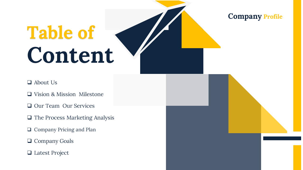 Table of contents slide for a company profile presentation, outlining key sections on a white backdrop with a yellow border.
