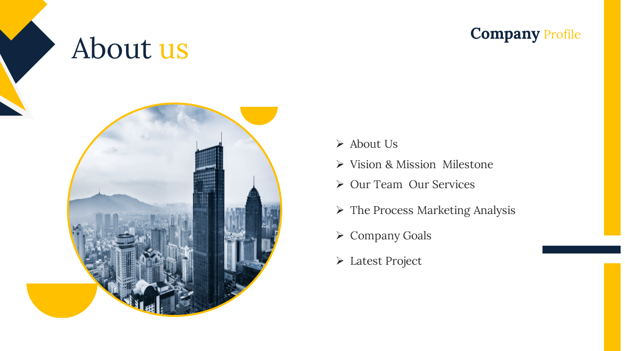 About Us slide with a list of company sections and a circular image of a cityscape with a yellow border on a white backdrop.