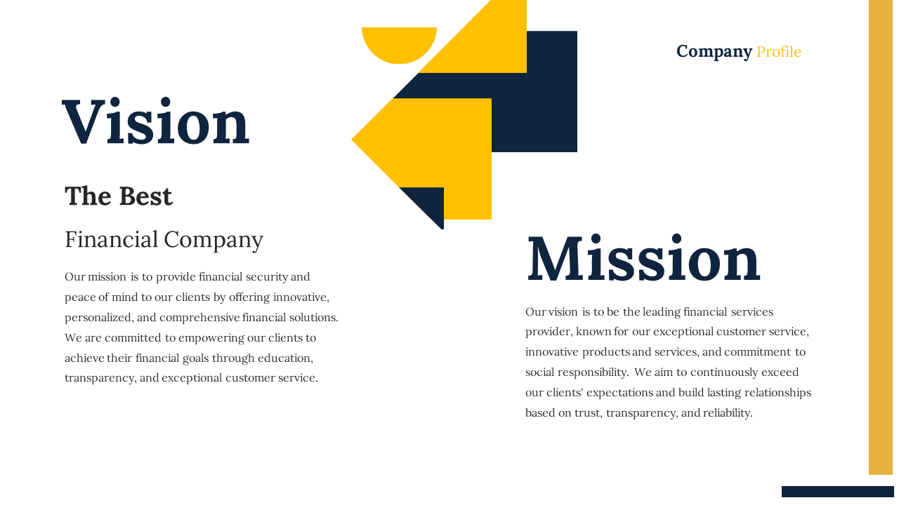 Company profile slide displaying the Vision and Mission with a yellow and navy geometric design on a white backdrop.