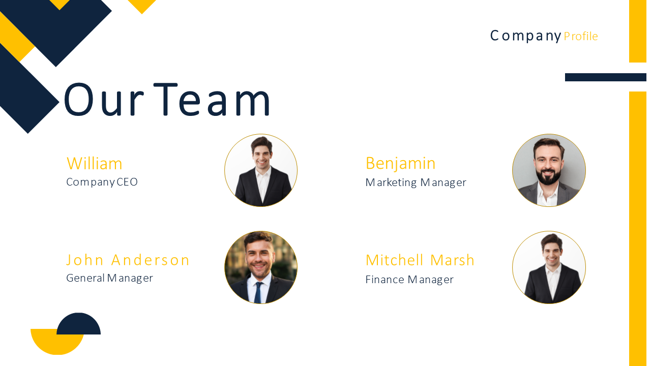 Corporate team slide featuring William, John Anderson, Benjamin, and Mitchell Marsh with yellow and navy geometric design.