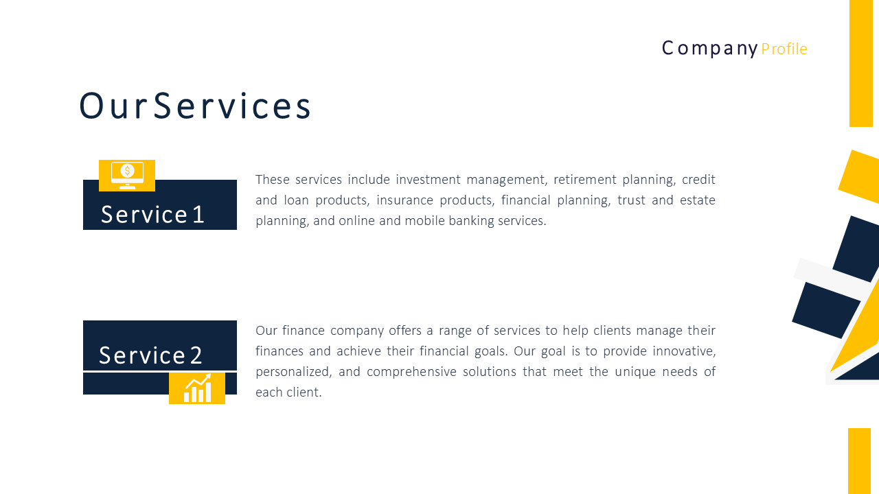 Company profile slide featuring services with icons in yellow and navy blue boxes with descriptions on a white backdrop.