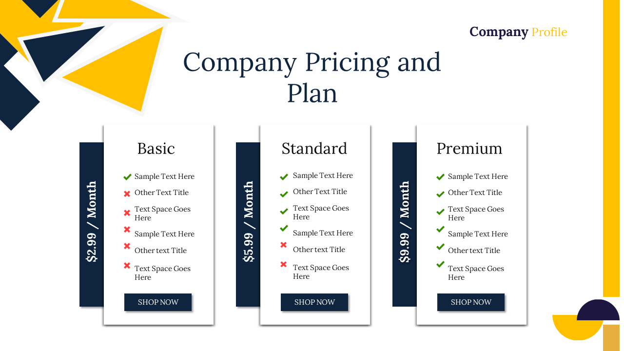 Company pricing plan slide with monthly plans features with check and cross symbols with yellow and navy geometric design.
