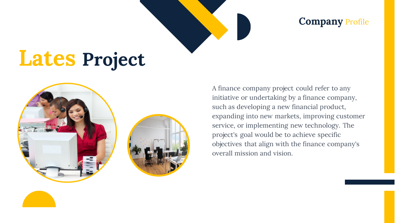 Company profile slide titled with an image of employees working in an office environment and modern geometric shapes.