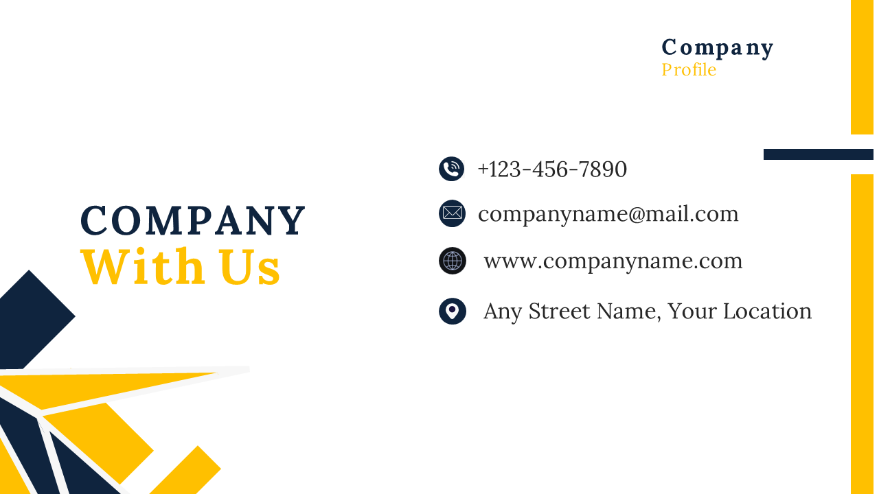 Contact slide for a company profile, featuring contact details with yellow and navy geometric design elements on a white backdrop.