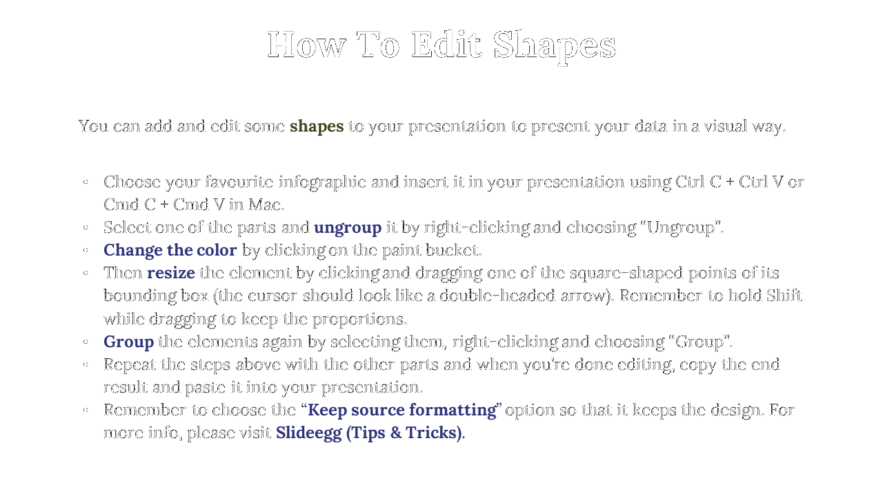 A guide for editing shapes in a PowerPoint presentation, including instructions to ungroup, and group elements again.