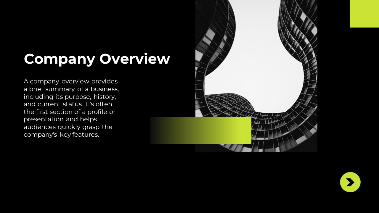 A company overview slide with a black and white image of a building's curved architecture and green design accents.