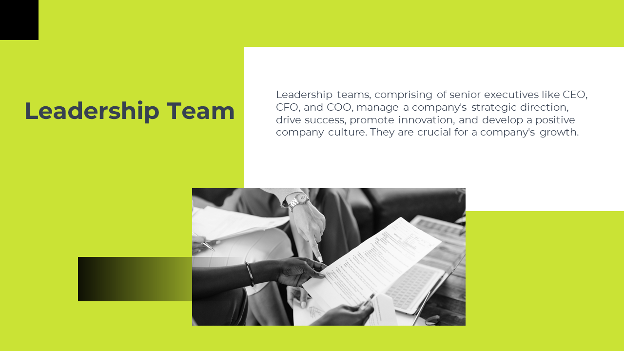 Leadership team slide featuring a black and white image of hands over documents, with green accents in the design.
