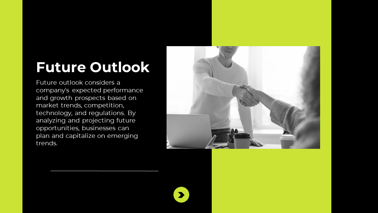 Future Outlook slide featuring a black and white image of two people shaking hands in an office setting with green accents.