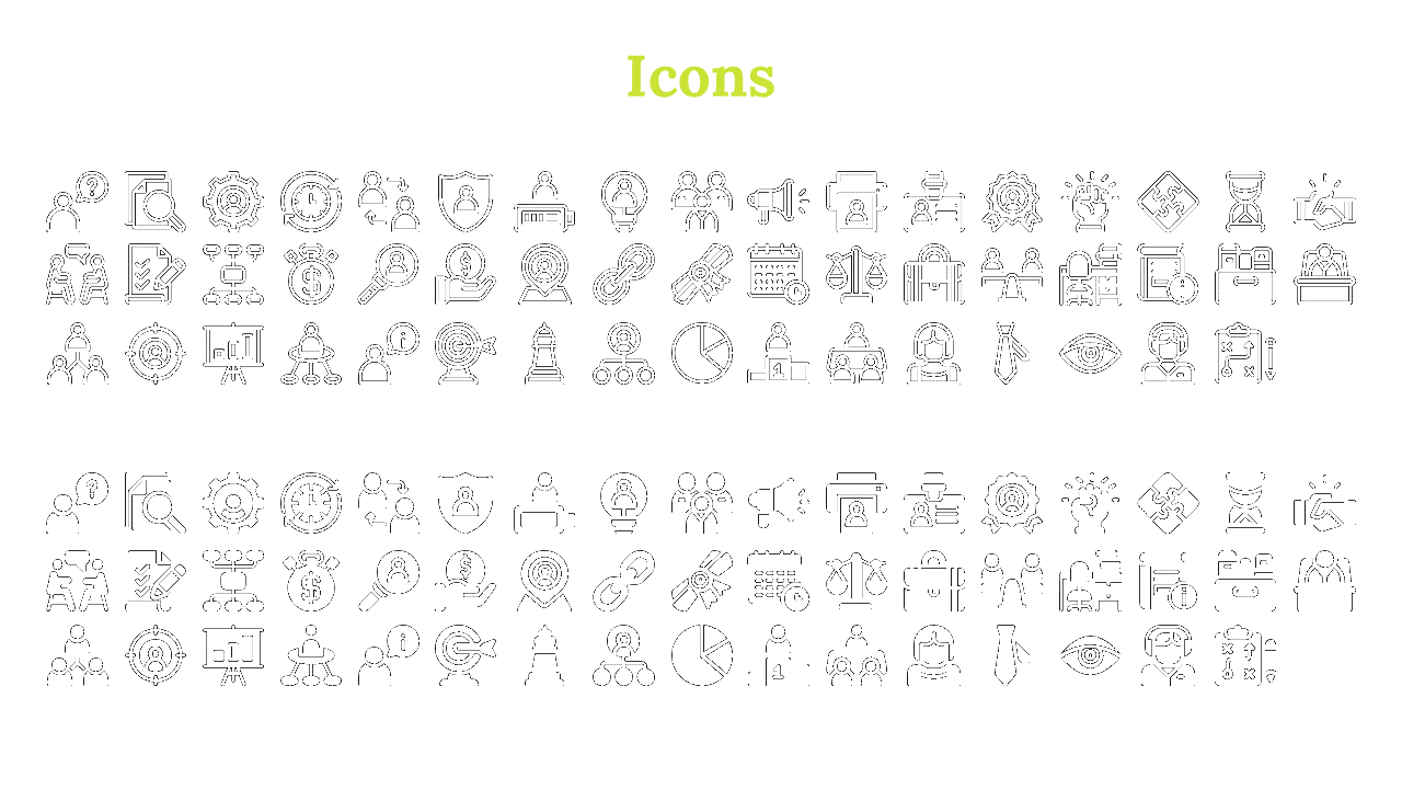 A series of black and white icons representing various business concepts like teamwork, strategy, and data analysis.