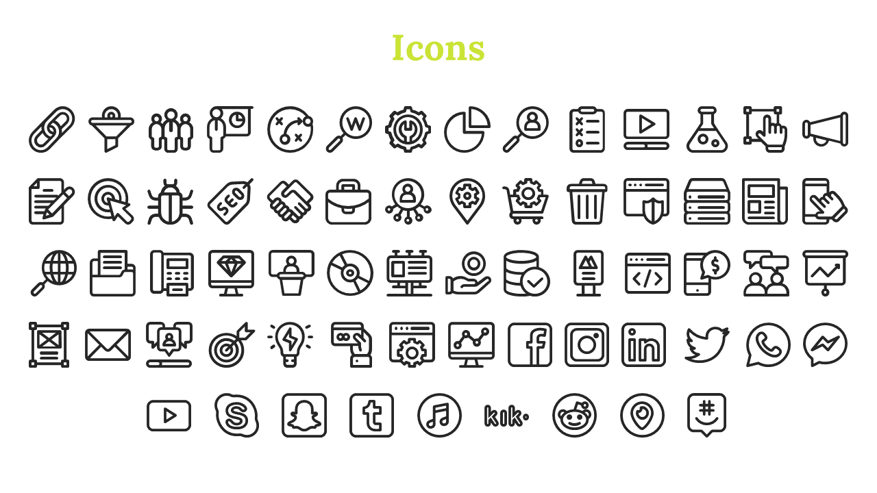 A grid of icons representing various business, social media, and technology elements like emails, SEO, and social platforms.