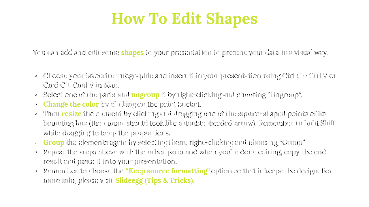 How to Edit Shapes with steps for editing shapes in a presentation, including actions like ungrouping, and changing colors.