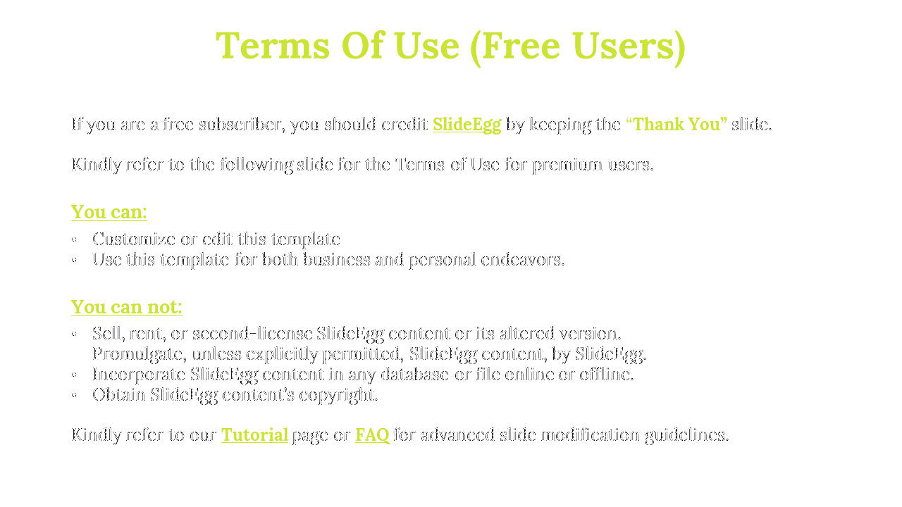 A slide titled Terms of Use Free Users with rules about customizing and distributing SlideEgg templates on a white theme.