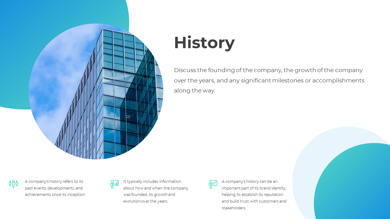 History slide featuring a cityscape background, discussing the company's growth on a white and blue backdrop.