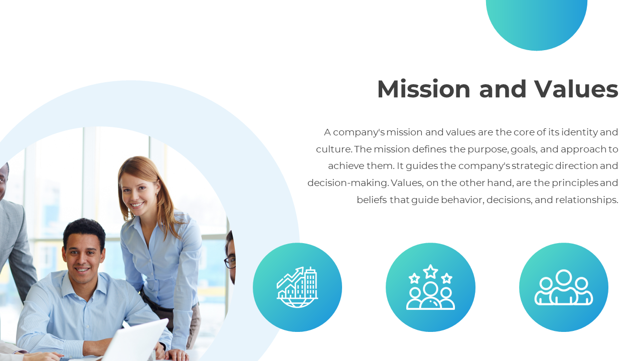 Mission and Values features a group of professionals, with blue icons representing a company building, stars, and teamwork.