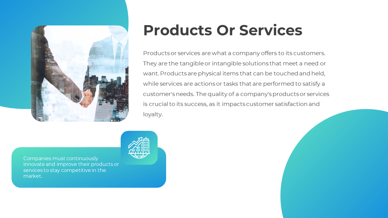 Products or Services slide featuring a handshake with a city skyline background and a description on a blue and white theme.