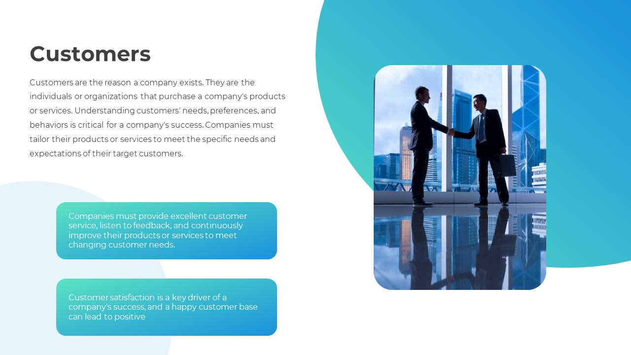 Customers slide with a handshake in front of a city skyline on a white and blue backdrop.