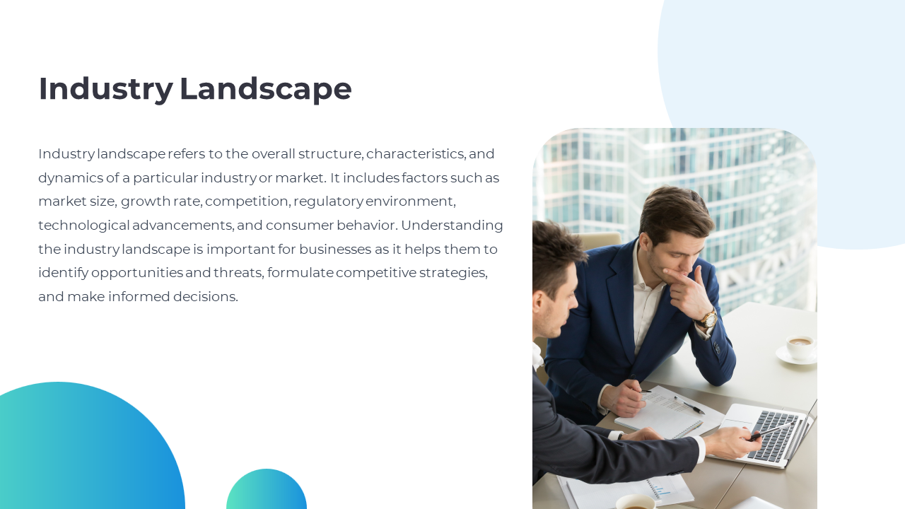 Industry Landscape features two professionals discussing market trends and data, with a city skyline in the background.