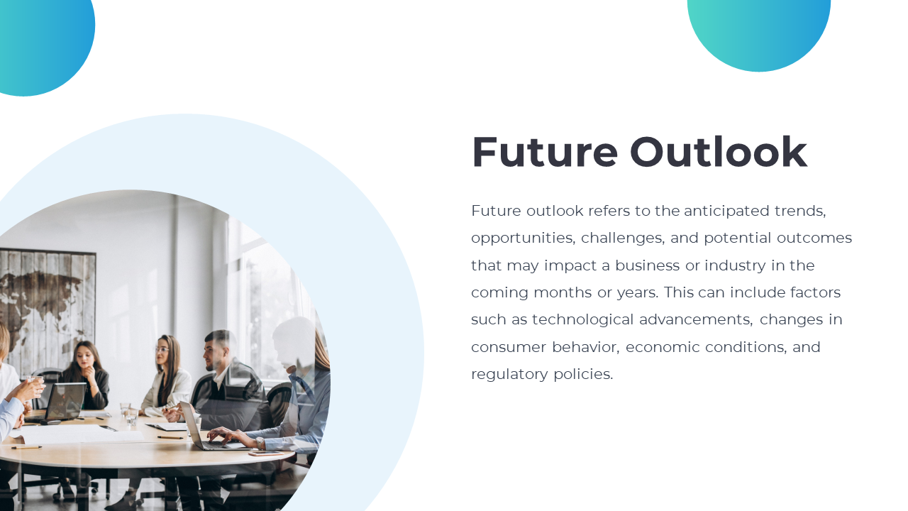 Future Outlook slide with a team of professionals with a world map in the background on a white and blue backdrop.