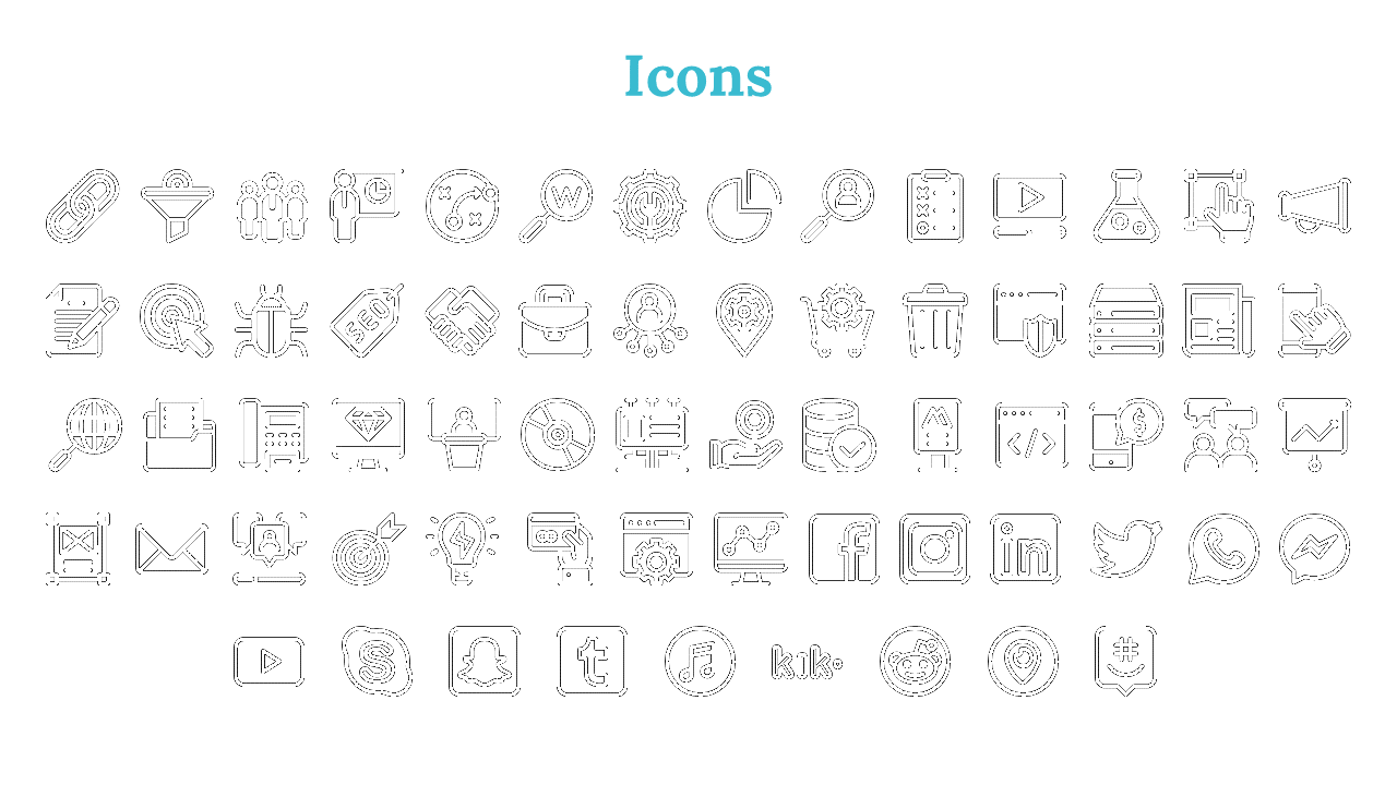 A set of business and technology icons, including search, SEO, social media, data charts, and communication in a white theme.