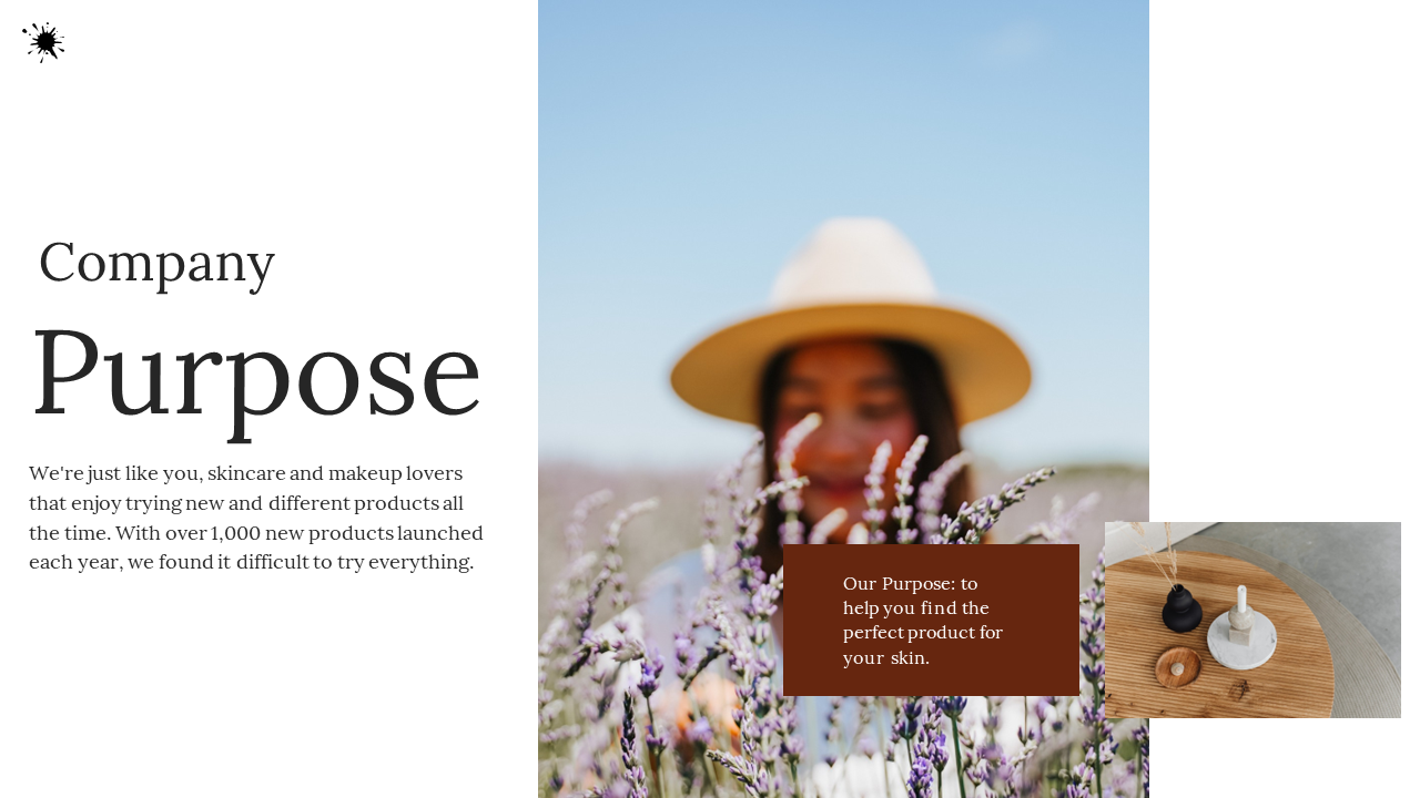 Skincare company purpose slide with a blurred background of a person holding lavender flowers with skincare products.