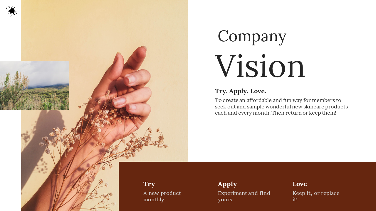 A soft colored vision slide displaying a hand with dried flowers against a yellow backdrop, accompanied by company values.