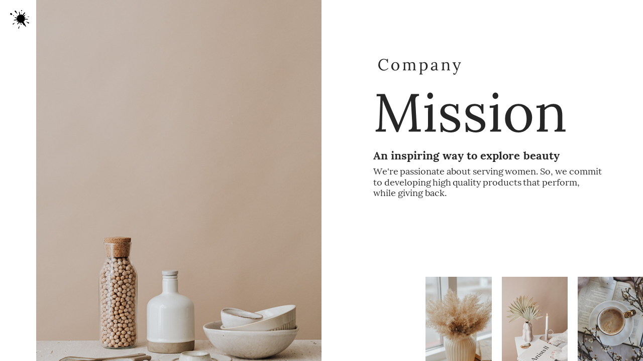 A minimalistic mission slide featuring earthy tones, decorative bottles, and cups, and a message on a white theme.