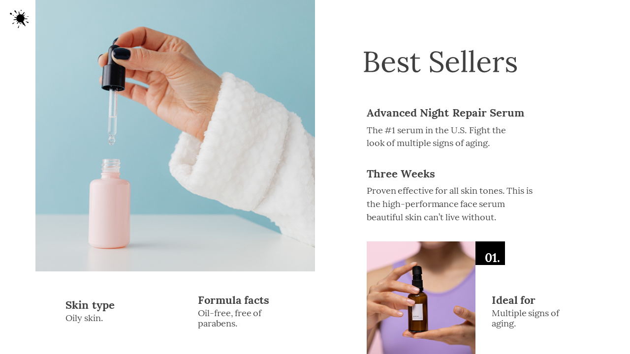 A close up of a hand applying a drop of advanced night repair serum from a pink bottle, with accompanying product details.