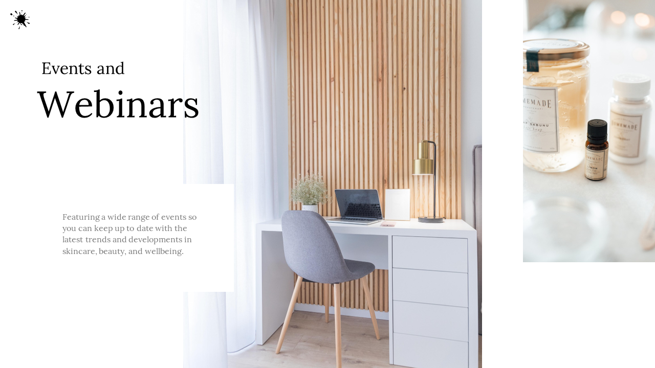 Minimalist home office setup with a laptop, chair, desk lamp, and potted plant, paired with skincare products in white theme.