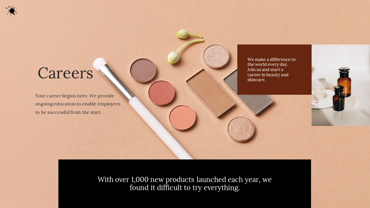 A makeup brush and a selection of eyeshadow pans with soft pastel tones, alongside skincare bottles.