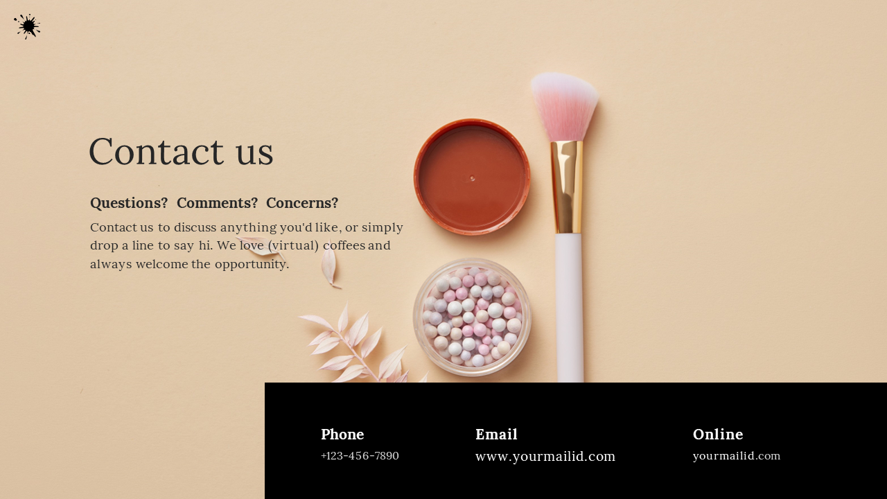 A soft pink makeup brush beside a container of colorful makeup beads on a beige background, featuring contact information.