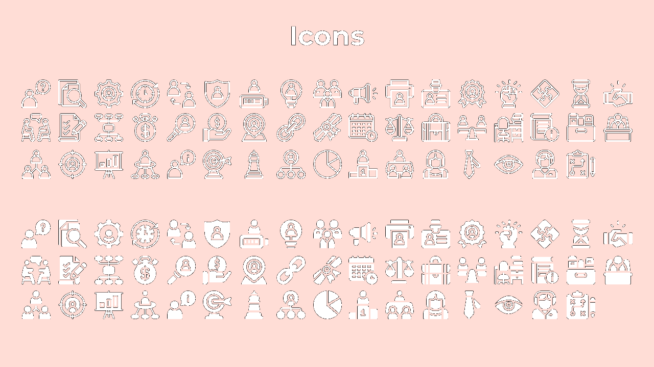 A grid of icons illustrating business concepts, including teamwork, growth, finance, and communication tools in a pink theme.