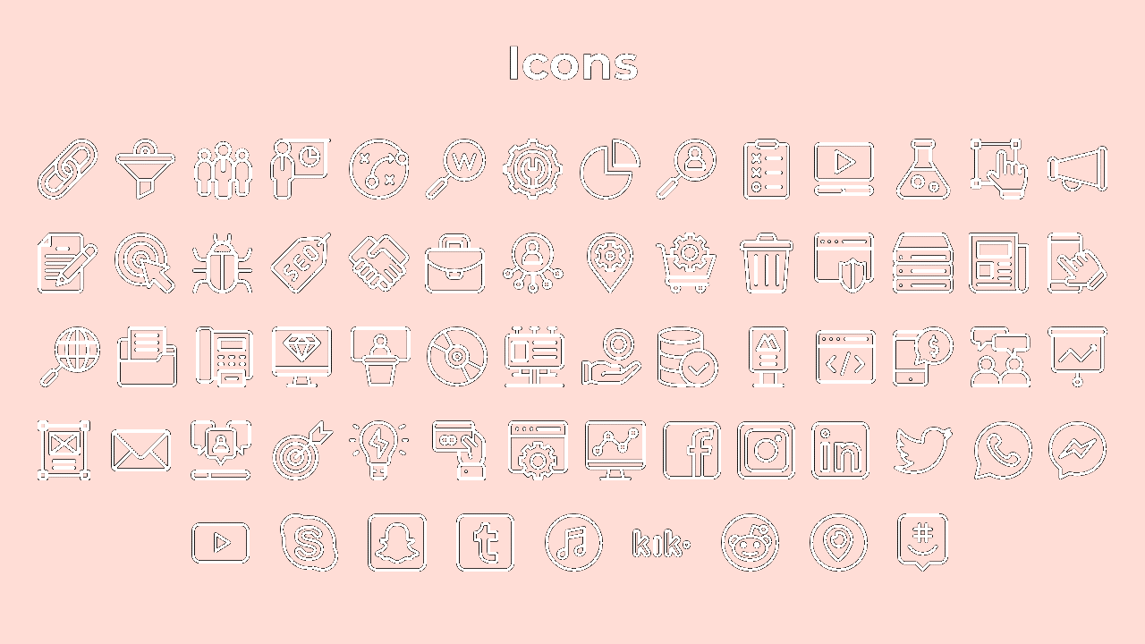 A grid of icons representing various business tools and social media, including SEO, charts, and communication channels.