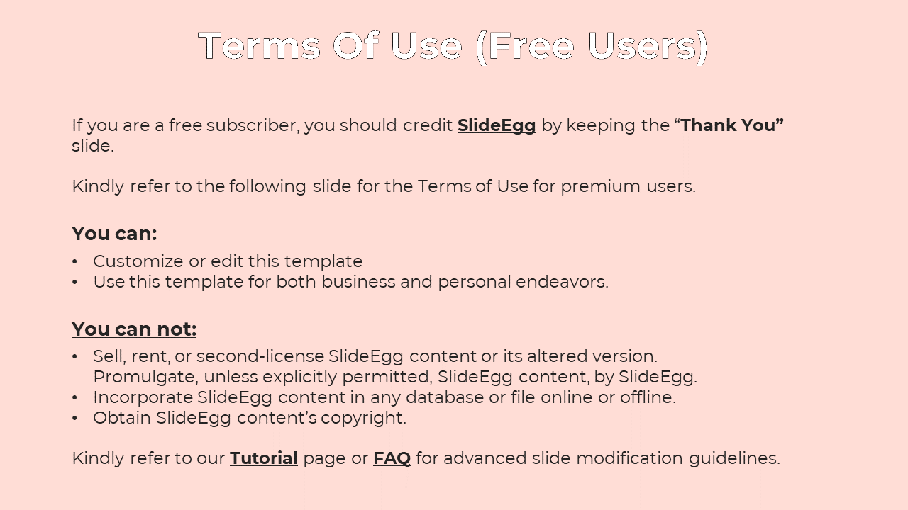 Instructions for free SlideEgg users on template customization and restrictions on distribution and copyright on pink theme.