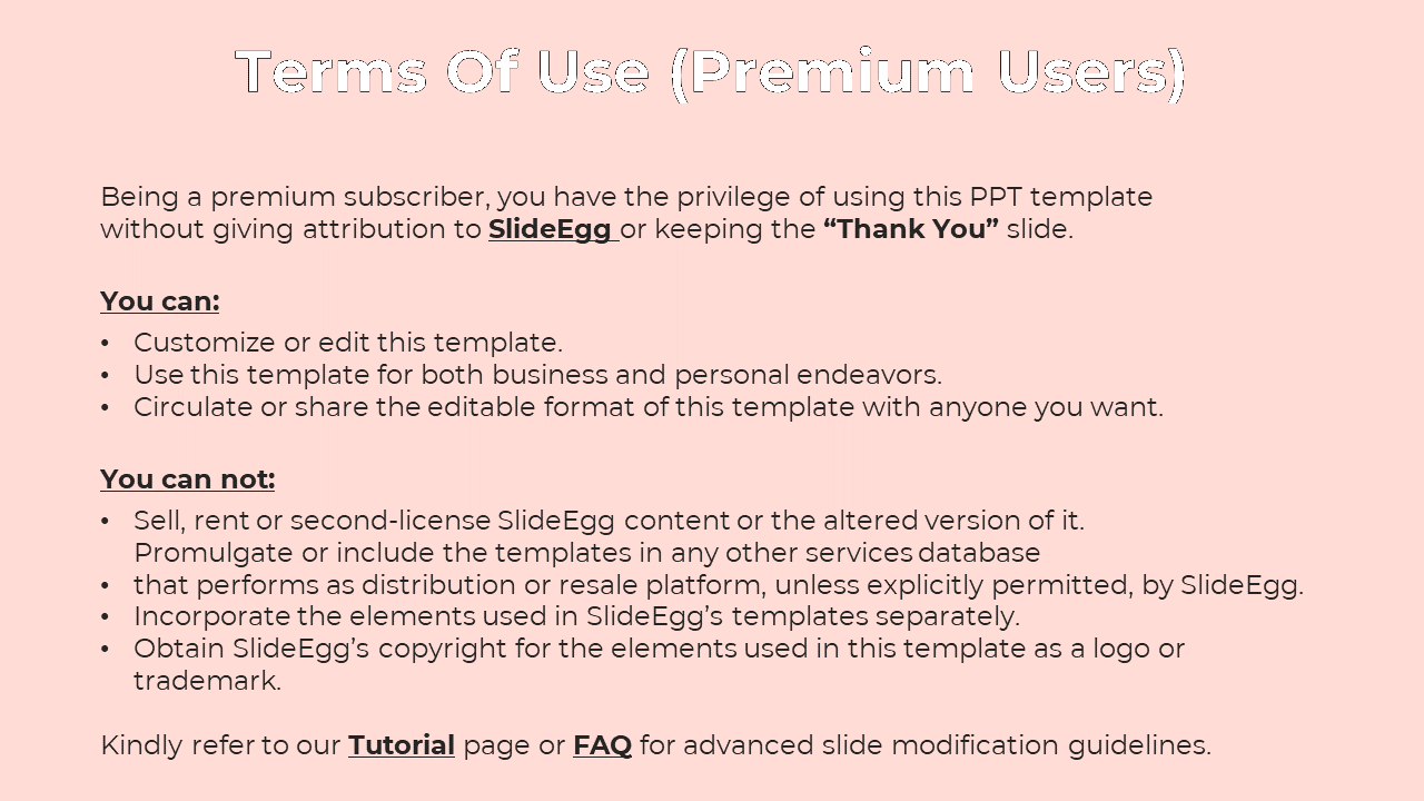 Premium user terms of use for SlideEgg, explaining the privileges of editing and sharing templates on a pink theme.