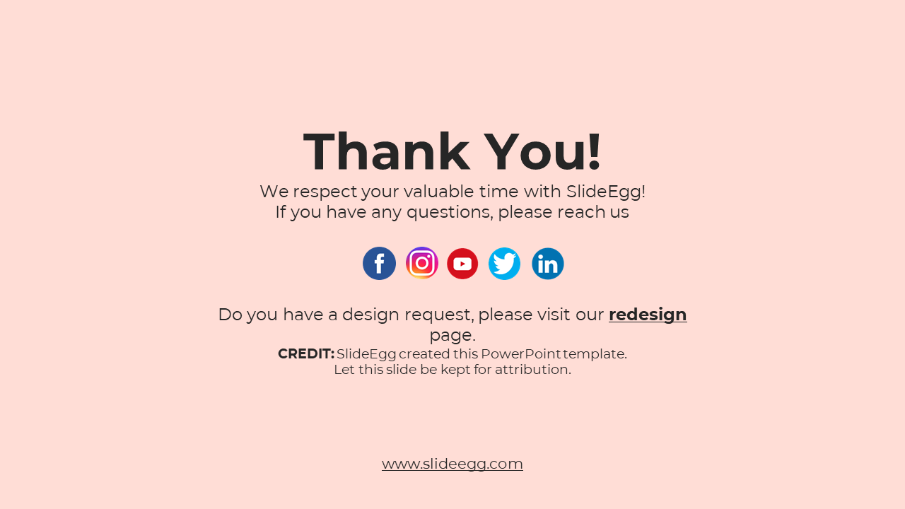 SlideEgg Thank You slide with social media icons for Facebook, Instagram, YouTube, and LinkedIn, along with contact details.